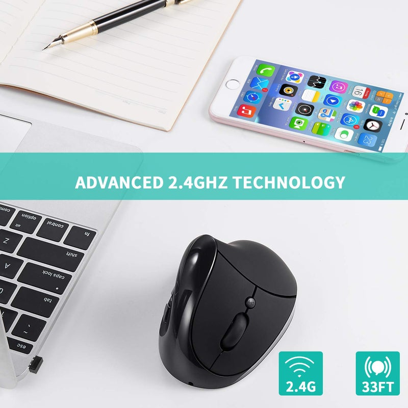 AURTEC Left-Handed Mouse, Rechargeable 2.4G Wireless Ergonomic Vertical Mice with USB Receiver, 6 Buttons and 3 Adjustable DPI 800/1200/1600 for Left Hand, ï¼ˆBlackï¼‰ - Image 3